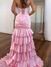 Glamorous Lavender Satin Corset Mermaid Prom Dress with Tiered Ruffles