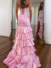 Glamorous Lavender Satin Corset Mermaid Prom Dress with Tiered Ruffles