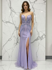 Glamorous Lilac Linear Beaded Long Prom Dress with Slit
