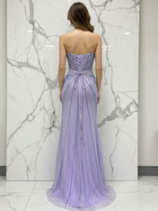 Glamorous Lilac Linear Beaded Long Prom Dress with Slit