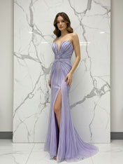 Glamorous Lilac Linear Beaded Long Prom Dress with Slit