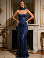 Glamorous Navy Blue Sequin Strapless Mermaid Prom Dress with Choker