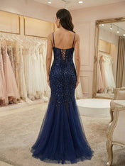 Glamorous Navy Blue V-Neck Beaded Mermaid Prom Dress