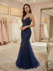 Glamorous Navy Blue V-Neck Beaded Mermaid Prom Dress