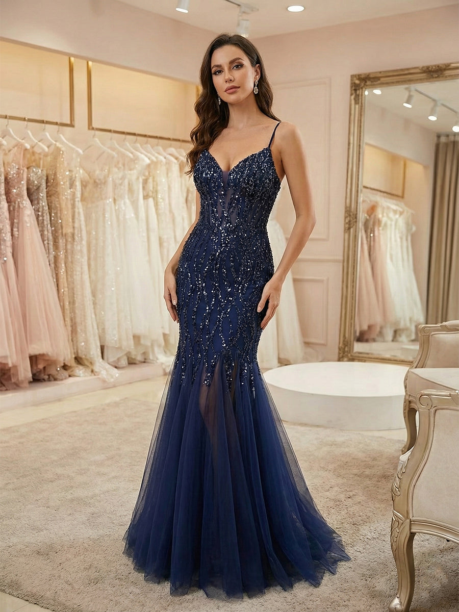 Glamorous Navy Blue V-Neck Beaded Mermaid Prom Dress