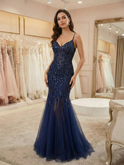 Glamorous Navy Blue V-Neck Beaded Mermaid Prom Dress
