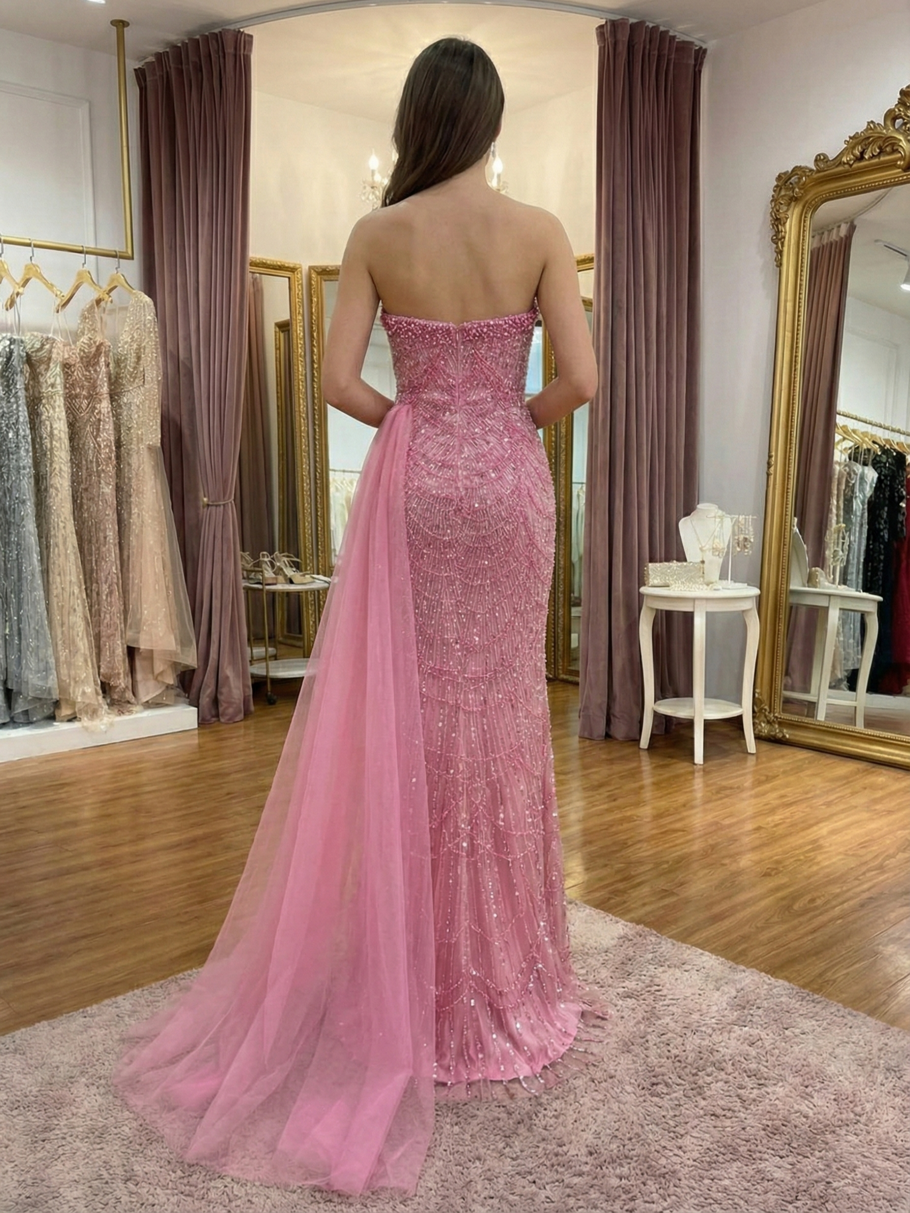 Glamorous Pink Beaded Strapless Prom Dress with Tulle Train