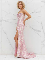 Glamorous Pink Floral Jacquard Corset Prom Dress with Beaded Bustier