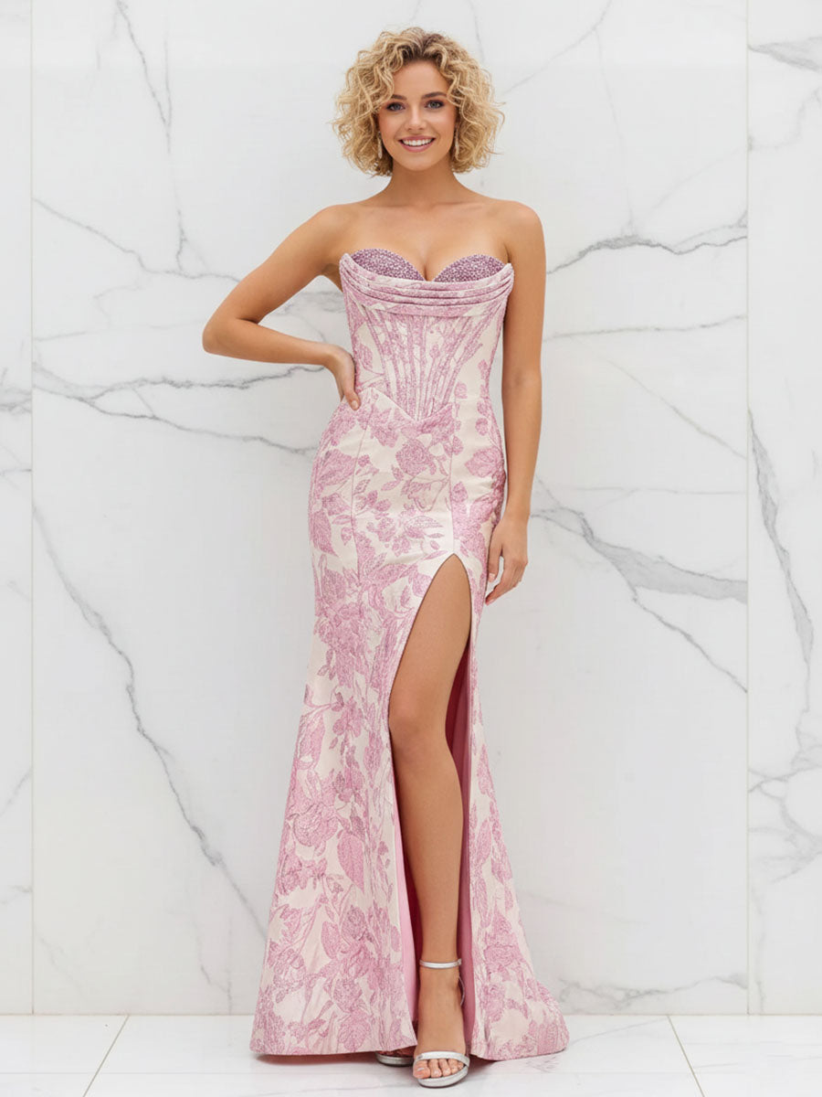 Dreamylily Prom Dress Glamorous Pink Floral Jacquard Corset Evening
