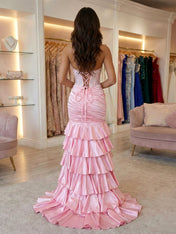 Glamorous Pink Satin Corset Mermaid Prom Dress with Tiered Ruffles