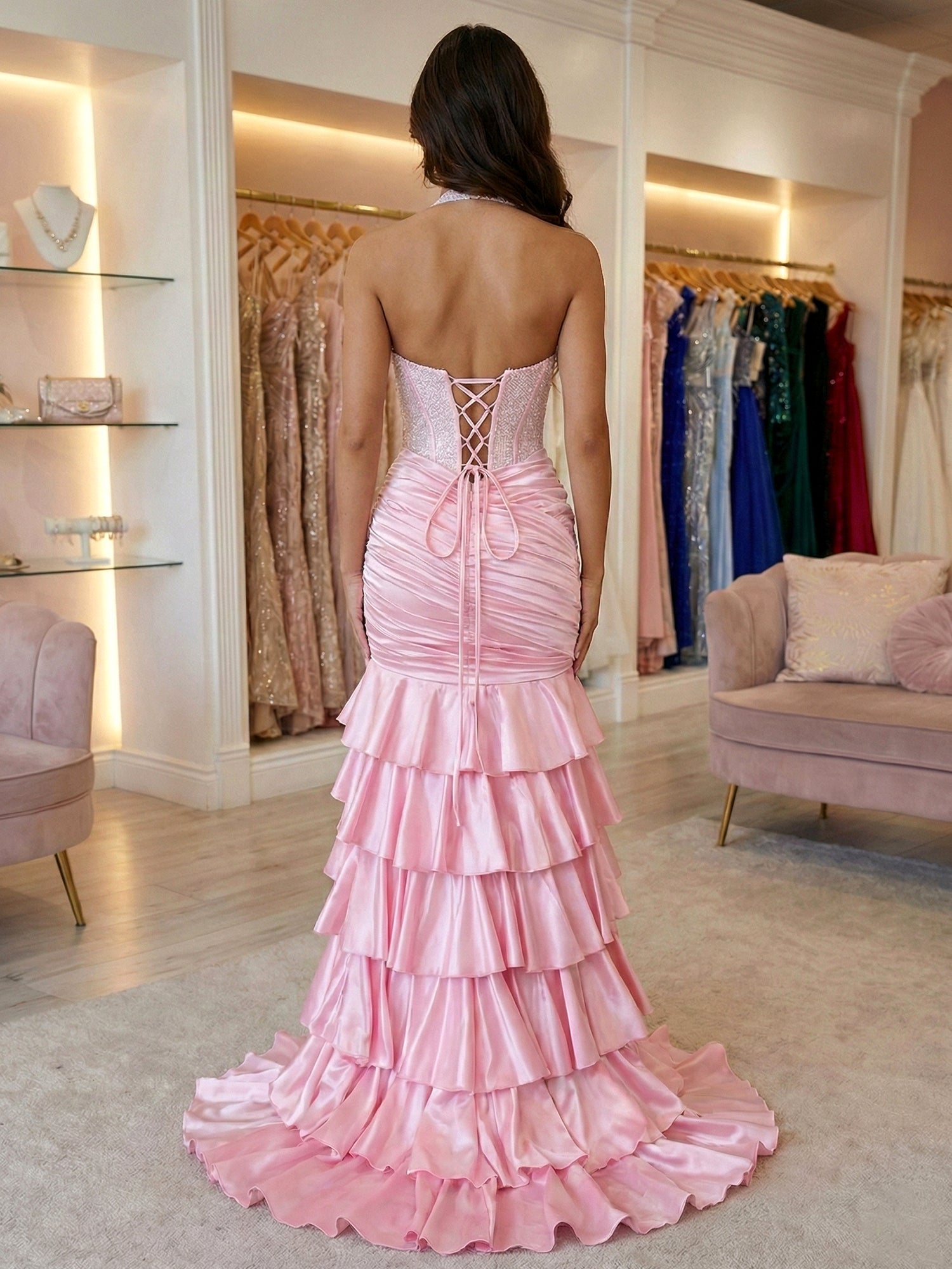 Glamorous Pink Satin Corset Mermaid Prom Dress with Tiered Ruffles