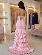 Glamorous Pink Satin Corset Mermaid Prom Dress with Tiered Ruffles