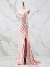 Glamorous Pink Shimmer Satin Corset Prom Dress with Crystal Bust