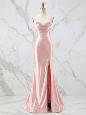 Glamorous Pink Shimmer Satin Corset Prom Dress with Crystal Bust