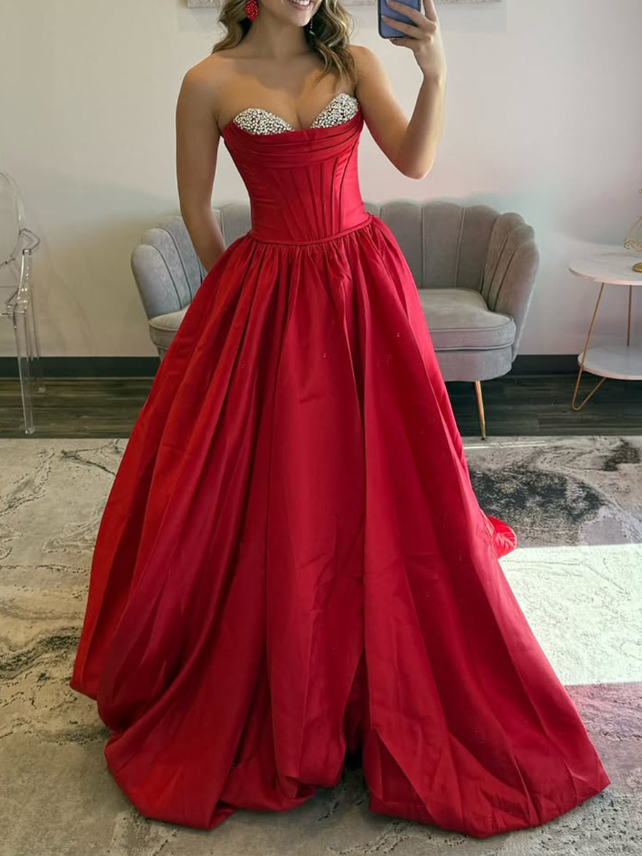 Glamorous Red Satin Strapless Prom Dress with Crystal Bust