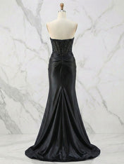 Glamorous Champagne Strapless Crystal Corset Satin Prom Dress with High Slit