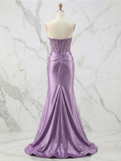 Glamorous Champagne Strapless Crystal Corset Satin Prom Dress with High Slit