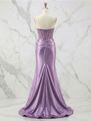 Glamorous Red Strapless Beaded Corset Satin Prom Dress with Slit