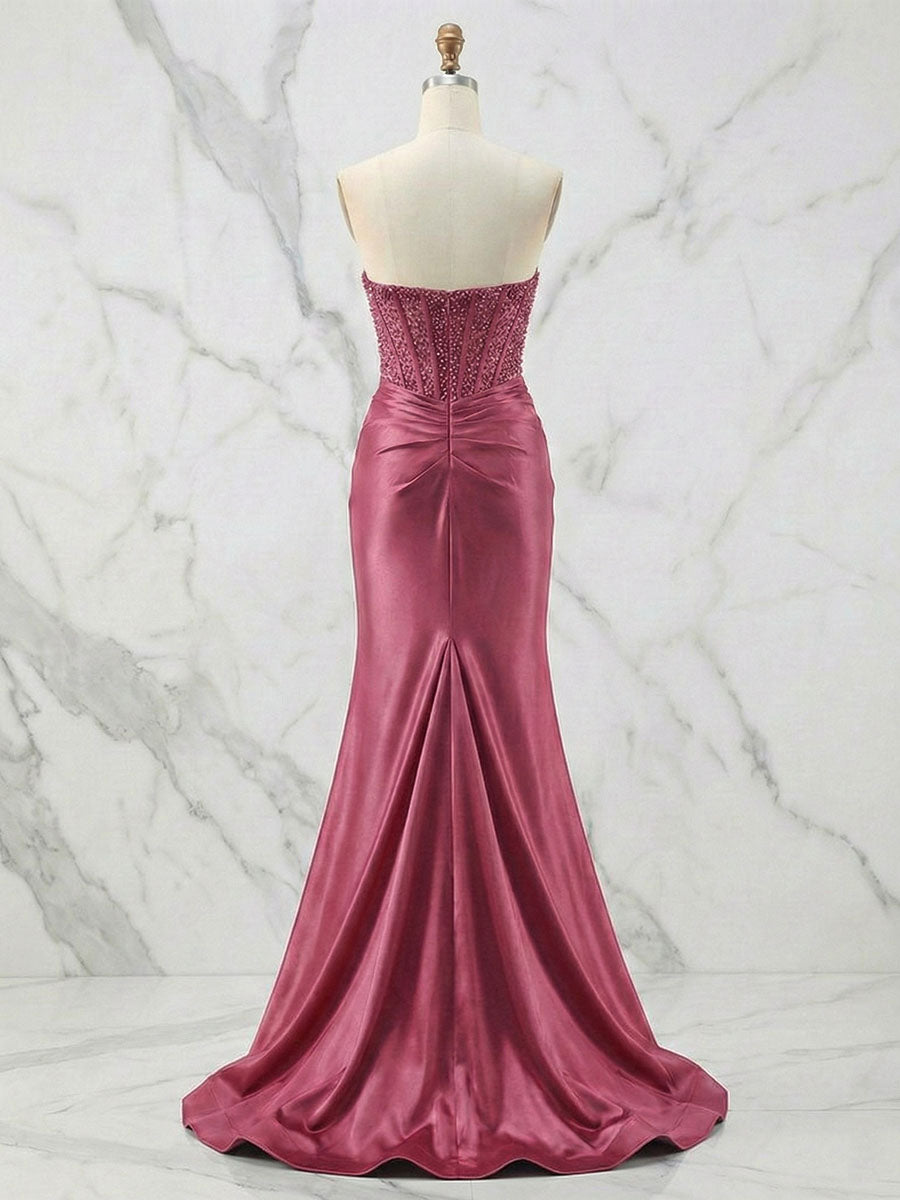 Glamorous Red Strapless Beaded Corset Satin Prom Dress with Slit