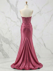 Glamorous Champagne Strapless Crystal Corset Satin Prom Dress with High Slit