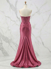 Glamorous Red Strapless Beaded Corset Satin Prom Dress with Slit