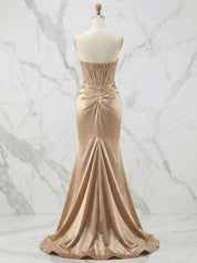 Glamorous Red Strapless Beaded Corset Satin Prom Dress with Slit