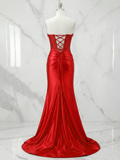 Glamorous Red Strapless Beaded Corset Satin Prom Dress with Slit