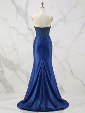 Glamorous Champagne Strapless Crystal Corset Satin Prom Dress with High Slit
