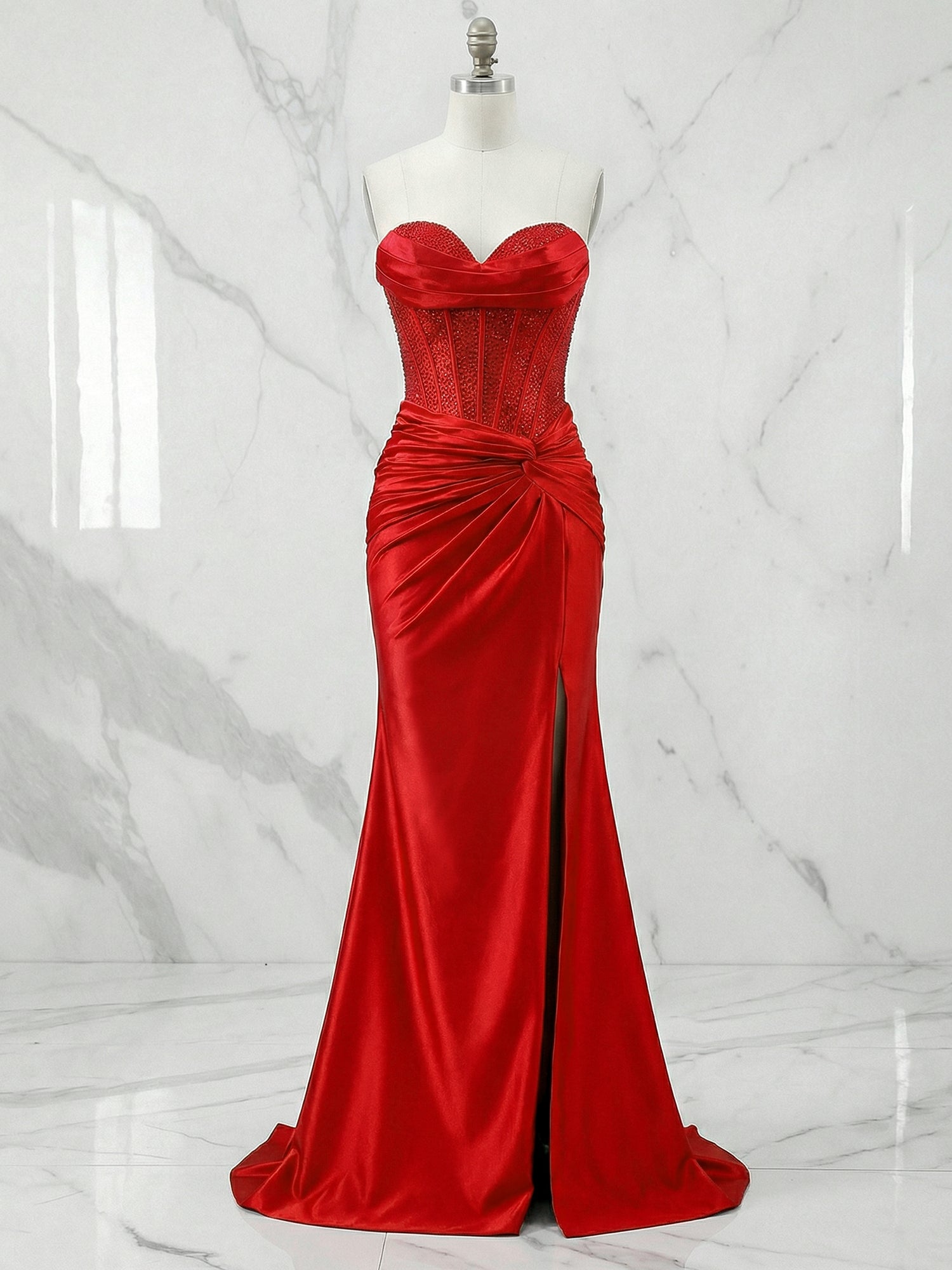 Glamorous Red Strapless Beaded Corset Satin Prom Dress with Slit