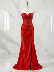 Glamorous Red Strapless Beaded Corset Satin Prom Dress with Slit