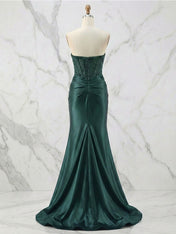 Glamorous Champagne Strapless Crystal Corset Satin Prom Dress with High Slit