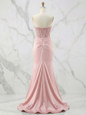 Glamorous Champagne Strapless Crystal Corset Satin Prom Dress with High Slit