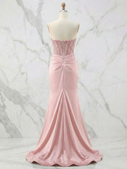 Glamorous Red Strapless Beaded Corset Satin Prom Dress with Slit