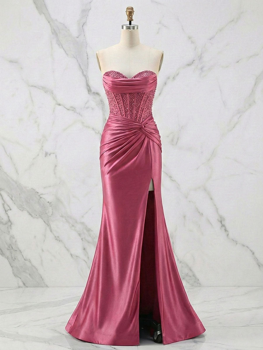 Glamorous Red Strapless Beaded Corset Satin Prom Dress with Slit