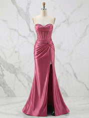 Glamorous Red Strapless Beaded Corset Satin Prom Dress with Slit