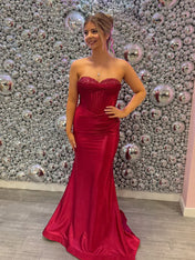 Glamorous Ruby Red Strapless Corset Prom Dress with Shimmer Finish