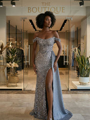 Glamorous Silver Off-the-Shoulder Sequin Slit Prom Dress