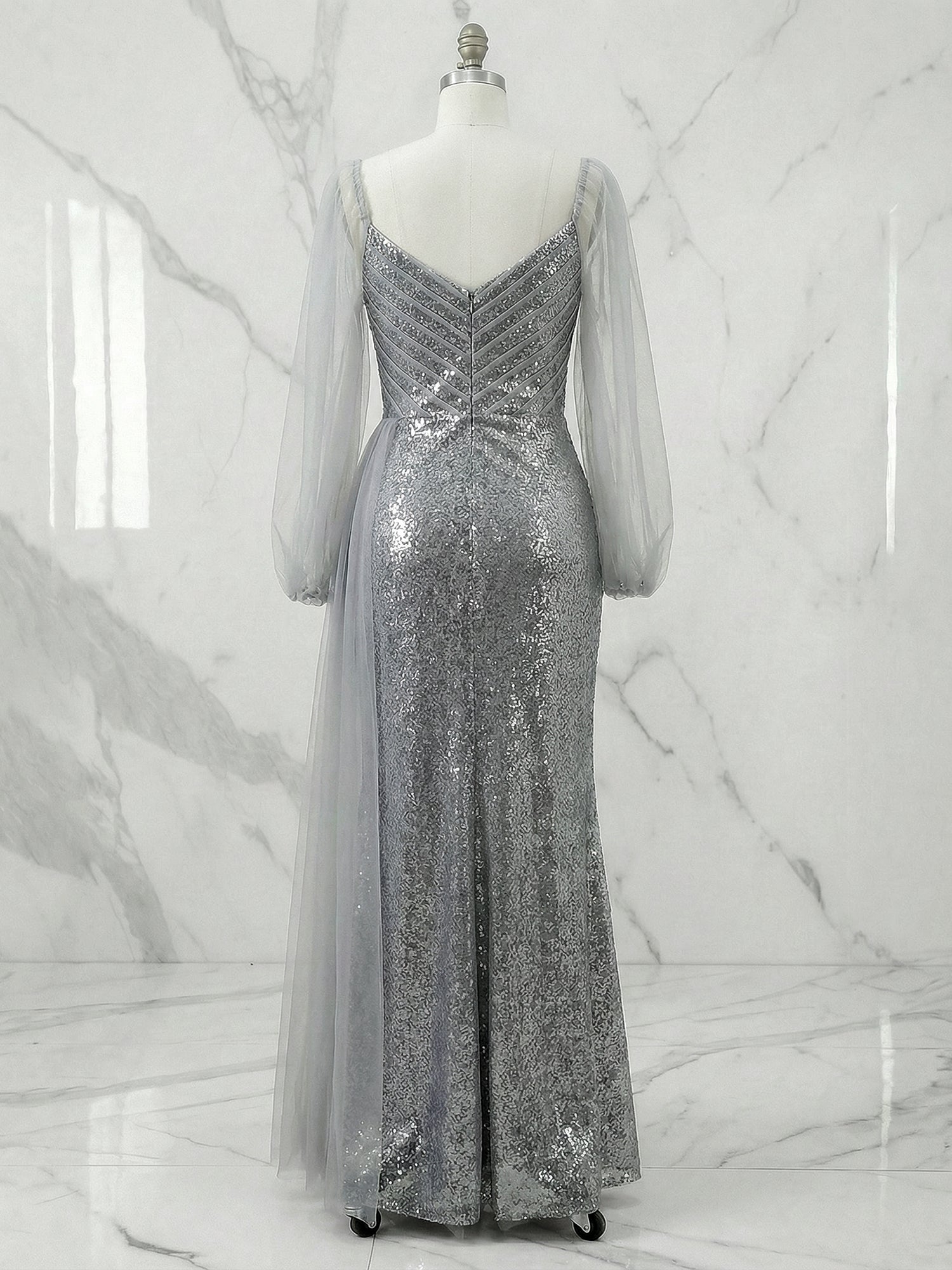 Glamorous Slate Gray Sequin Puff Sleeve Maxi Dress Gown