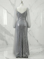 Glamorous Slate Gray Sequin Puff Sleeve Maxi Dress Gown