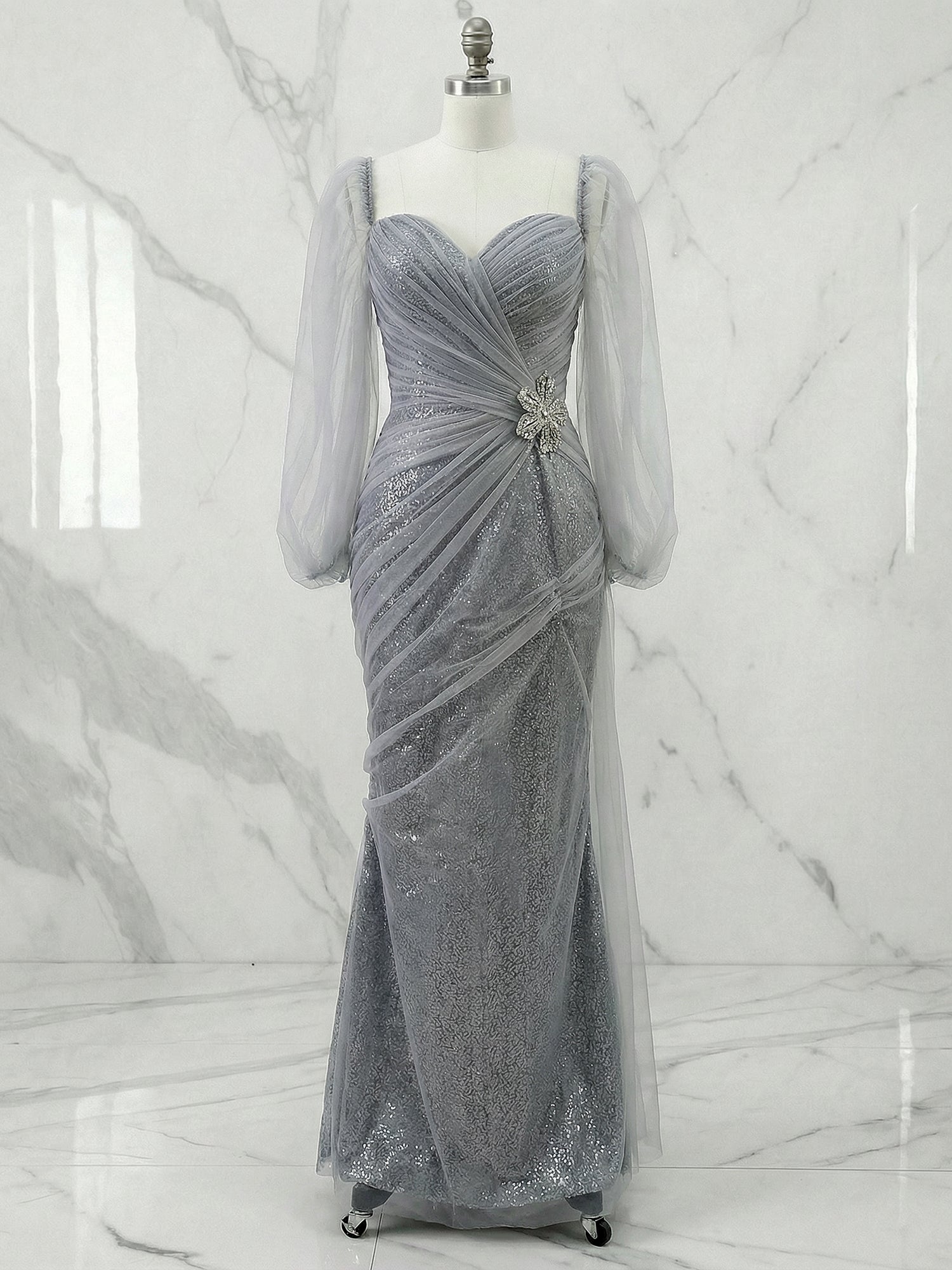 Glamorous Slate Gray Sequin Puff Sleeve Maxi Dress Gown