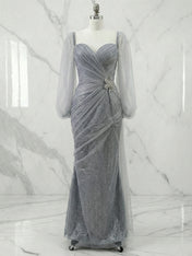 Glamorous Slate Gray Sequin Puff Sleeve Maxi Dress Gown