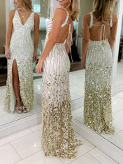 Glamorous White Ombre Sequin Open-Back Long Prom Dress with Slit