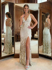 Glamorous White Ombre Sequin Open-Back Prom Dress with Slit