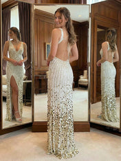 Glamorous White Ombre Sequin Open-Back Prom Dress with Slit