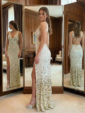 Glamorous White Ombre Sequin Open-Back Prom Dress with Slit