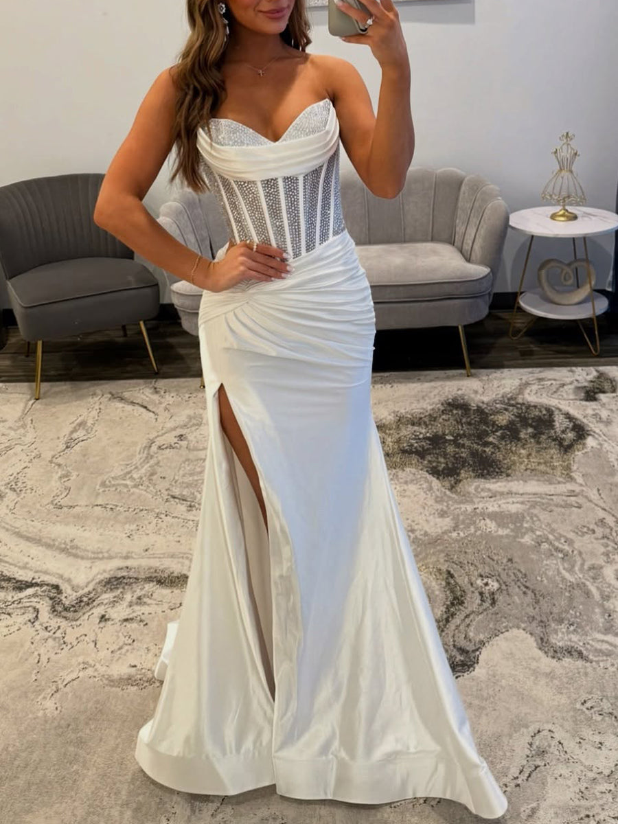 Glamorous White Satin Beaded Corset Prom Dress with Slit