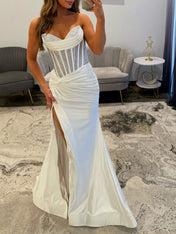 Glamorous White Satin Beaded Corset Prom Dress with Slit