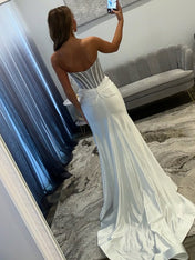 Glamorous White Satin Beaded Corset Prom Dress with Slit