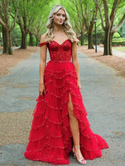 Glamorous Champagne Beaded Tiered Ruffle Corset Prom Dress with Slit