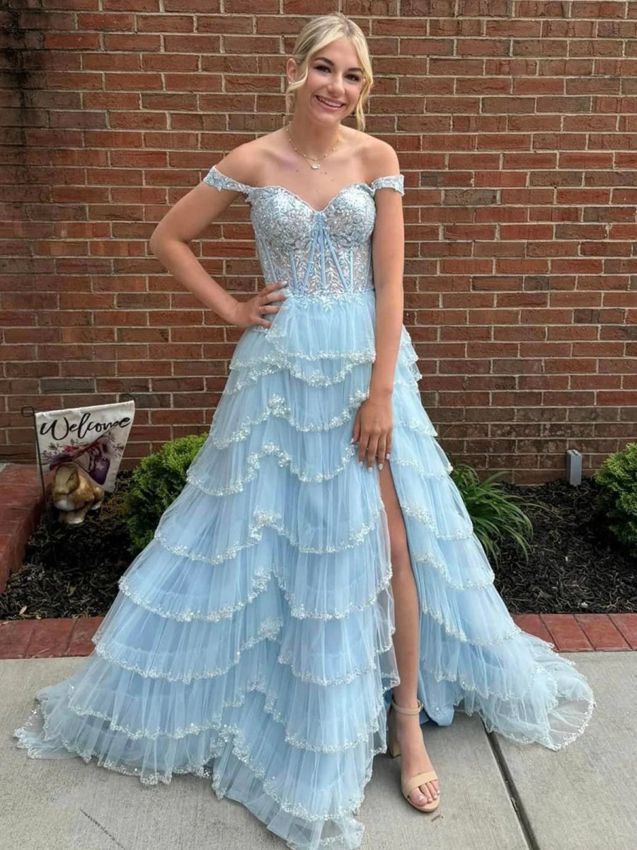 Glamorous Champagne Beaded Tiered Ruffle Corset Prom Dress with Slit